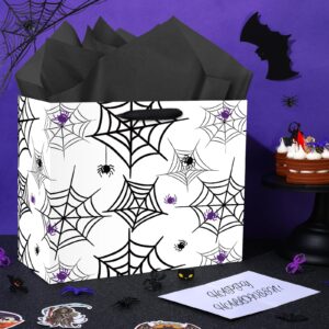 Halloween Spider Gift Bag Trick or Treat Gift Bag with Tissue Paper Greeting Card Halloween Party Favors Spider Web Wrapping Paper Goodie Bag for Halloween Birthday Baby Shower Party Supplies