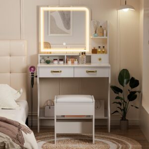 Alohappy Vanity Desk with LED Lighted Mirror and Charging Station, Makeup Vanity Table Set with 3 Drawers & Storage Shelves & Stool, 3 Lighting Modes Adjustable Brightness, for Bedroom Dressing Room