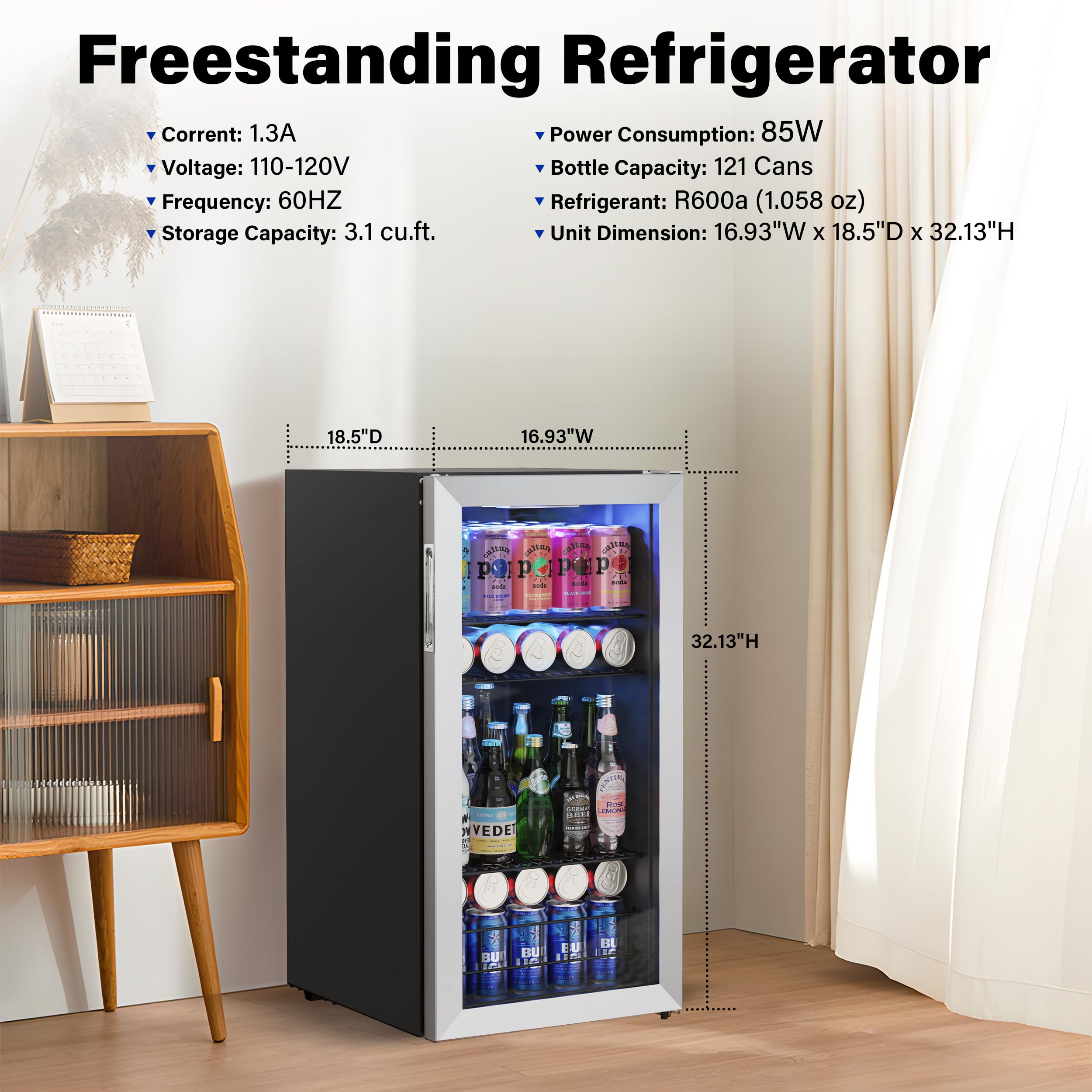 Yeego 3.1Cu.ft Beverage Refrigerator Cooler, 121 Can Mini Fridge with Glass Door, Small Drink Fridge with Adjustable Thermostat, Beverage Cooler for Beer Drinks Wines for Home Office or Bar