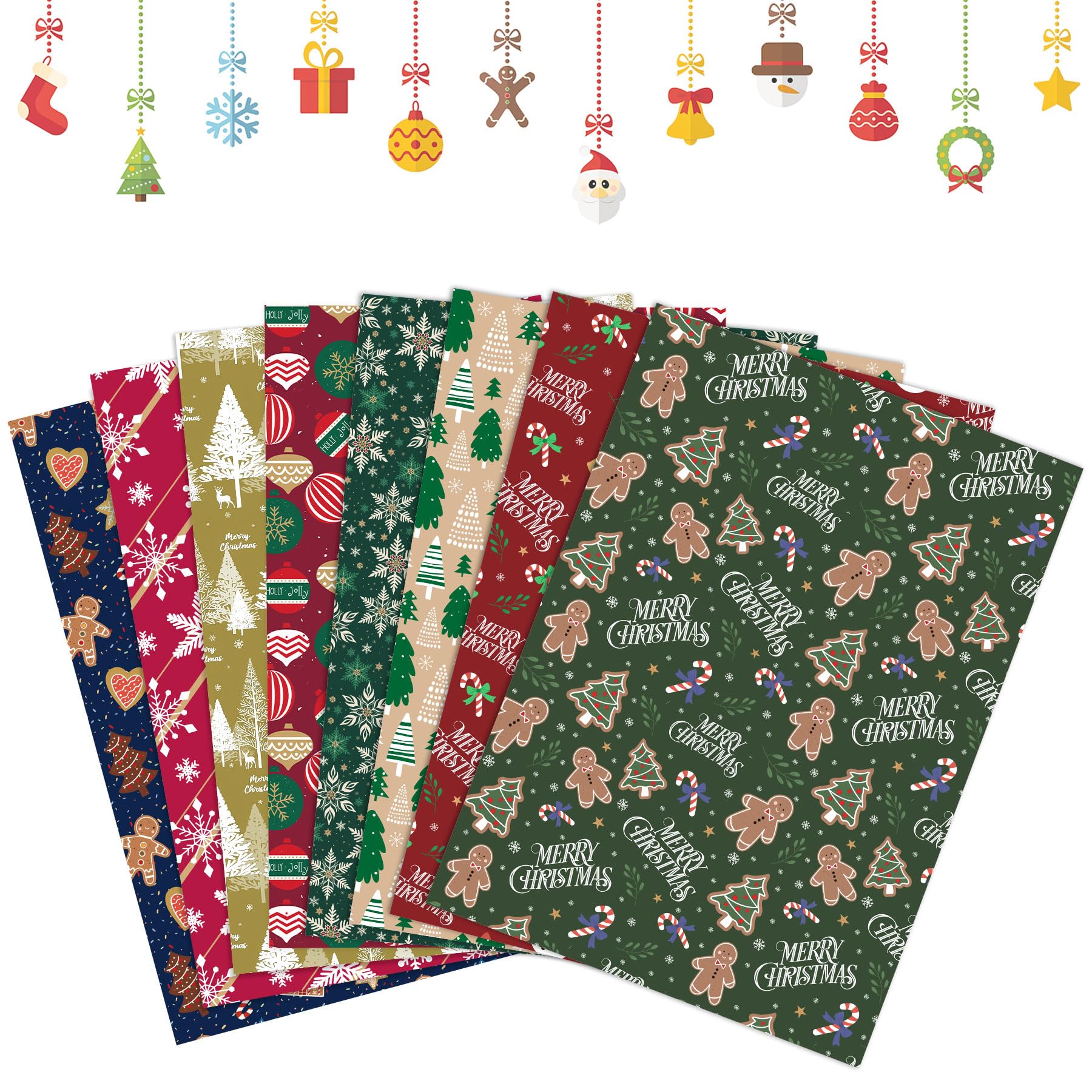 Toptime Christmas Wrapping Paper, 8 Sheets Gift Wrapping Paper with Snowflake, Christmas Tree, Snowman, Gingerbread Man, Folded Flat Holiday Gift Wrap for New Year, Art Craft (27.6x19.7in)