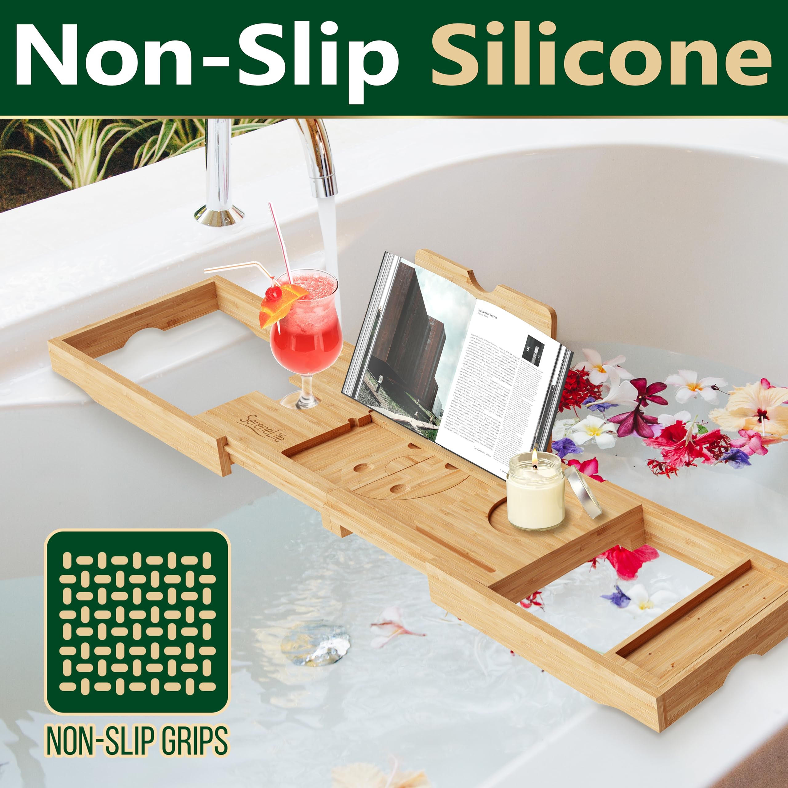 SereneLife Bathtub Tray - Expandable Bath Tray for Tub, Foldable Adjustable Bamboo Caddy with Non-Slip Handles, Device Holder and Wine Glass Slot for Bathing Luxury (Folding, Hard Back)