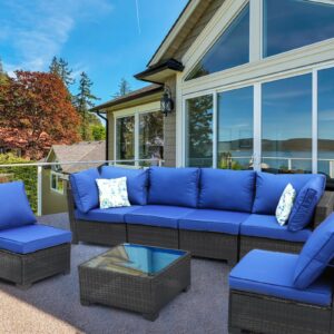 Peacabo 7 Pieces Outdoor Rattan Wicker Patio Conversation Set with Coffee Table, Armless Sofa, and Corner Sofa, Cushions Included, Outdoor Sectional Patio Furniture Set, Coffee/Blue