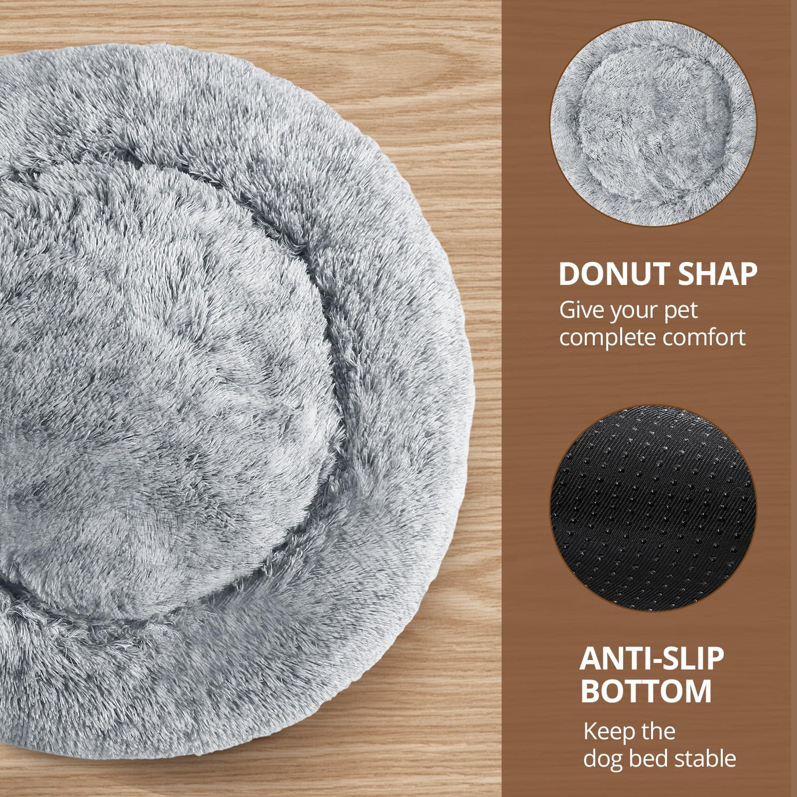 JOLLYVOGUE Donut Dog Bed, Comfort Round Dog Bed, Anti-Anxiety Calming Cuddler Dog & Cat Bed, Fluffy Faux Fur Cushion Bed for Small Medium Dogs and Cats, 20"