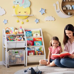 Kids Bookshelf and Toy Storage Organizer - 3 Tier Book Shelf for Kids Rooms with Movable Drawer, Kids Bookcase with 2 Toy Bins, Toddler Baby Childrens Bookshelf, for Bedroom Playroom Classroom (White)