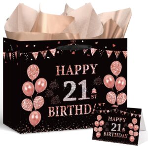 black rose gold 21st birthday gift bag with happy 21st birthday greeting card and tissue paper for girls rose gold 21st birthday gift wrap bag for 21st birthday christmas party decorations supplies