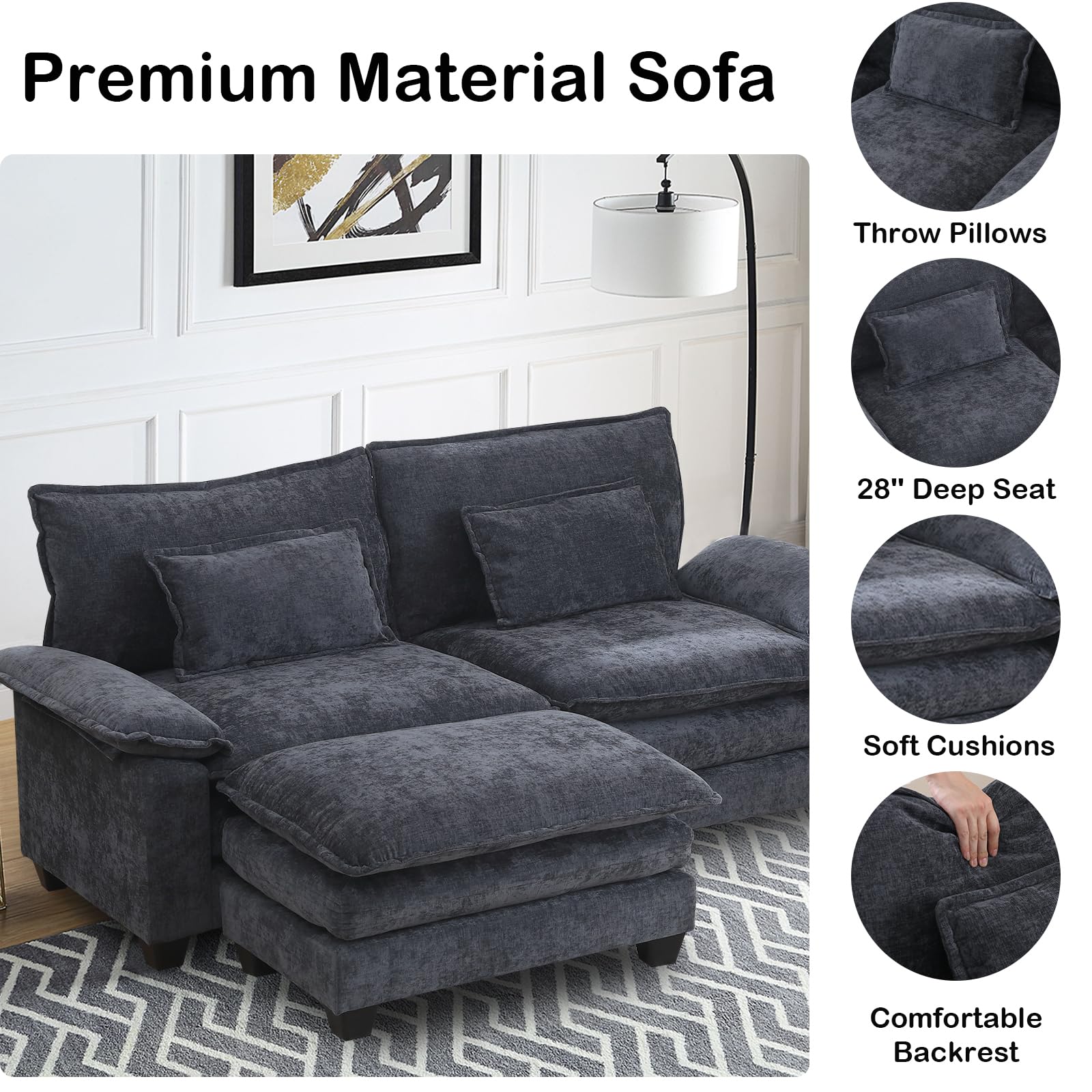 88.97" Living Room Sectional Cloud Couch, Modular Sectional Modern Sofa, 2-Seat Sectionals in Chenille, Loveseat with Ottoman, L Shaped Convertible Sofa Bed with Chaise (Beige Black, 88.97")