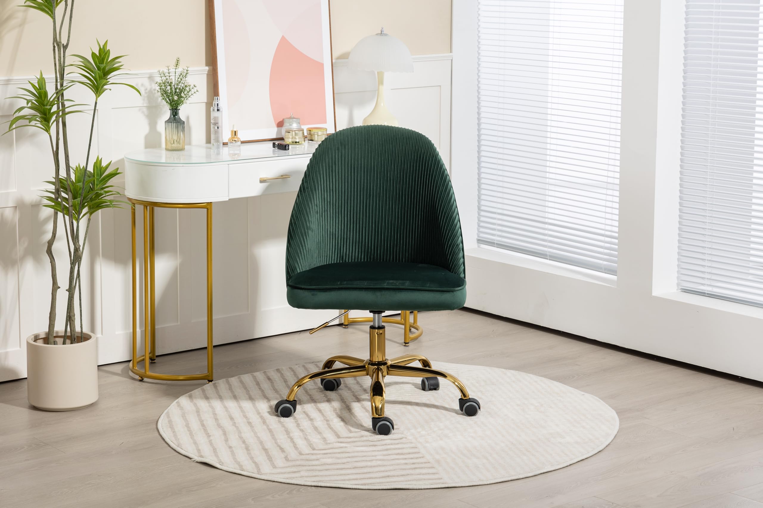 ZOBIDO Comfy Home Office Task Chair with Wheels, Cute Modern Upholstered Velvet Seashell Back Adjustable Swivel Vanity Desk Chair, for Women, for Kids, for Girls, Living Room, Bedroom（Green）