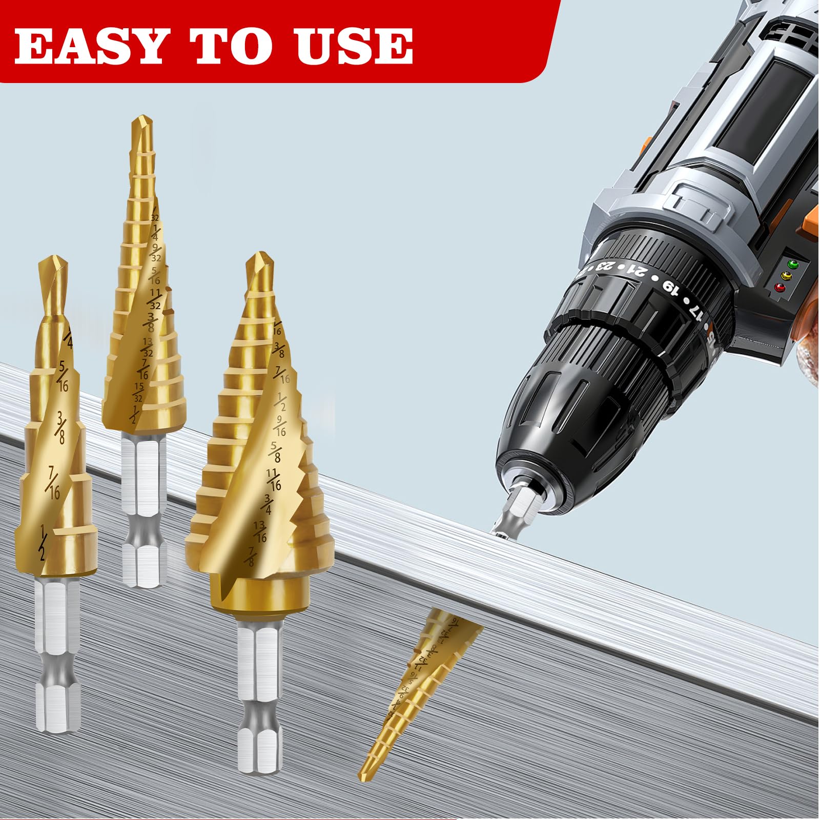 Step Drill Bit Set - 3 Piece High Speed Steel Spiral Grooved Step Drill Bit for Metal Sheet Aluminum Wood Hole Drilling, 1/4" Hex Shank Unibit Step Bit for Faster Drilling 31 Size Cone Step Drill Bits