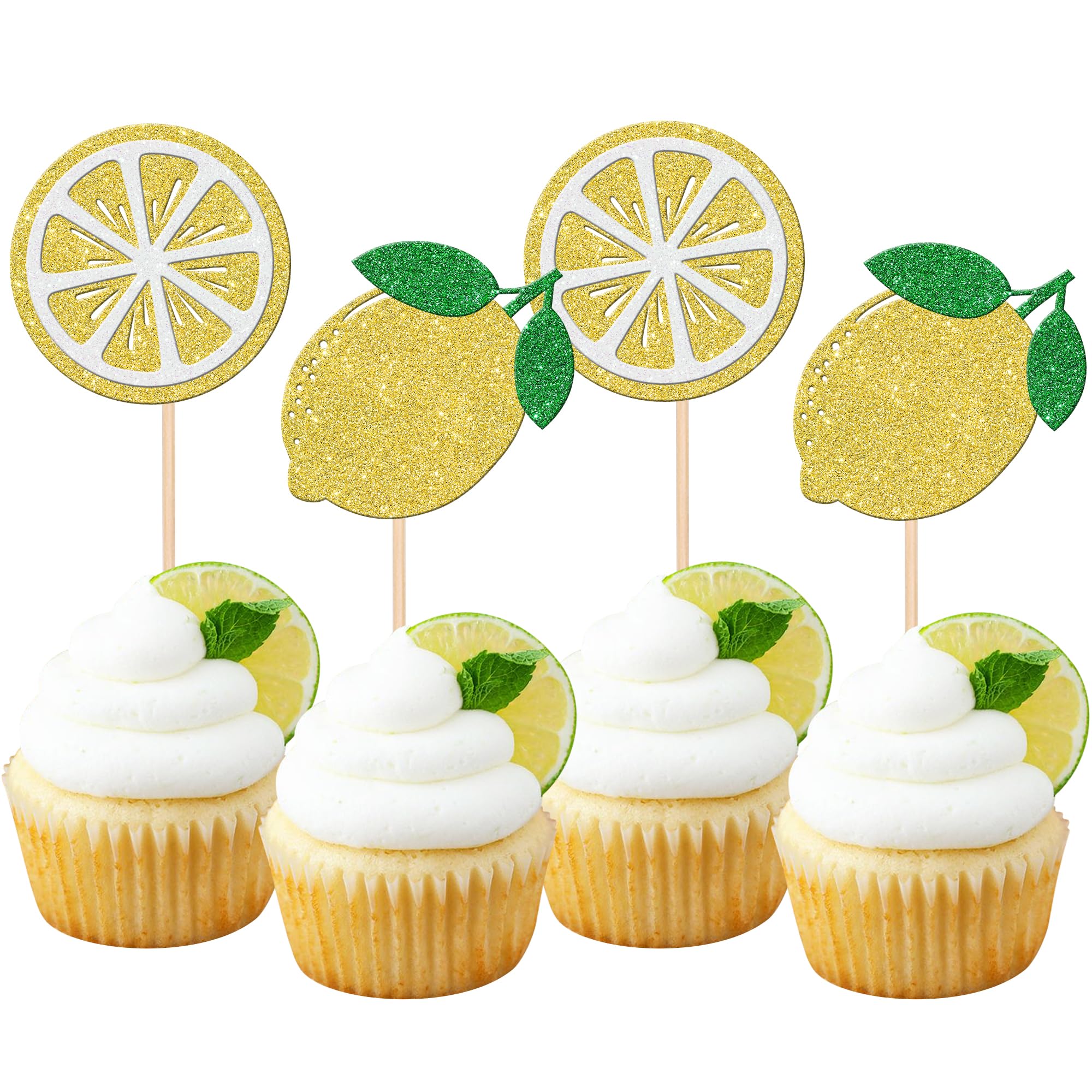 24 PCS Lemon Cupcake Toppers Glitter Fruit Theme Lemonade Party Cupcake Picks for Lemon Theme Baby Shower Wedding Engagement Bridal Shower Birthday Main Squeeze Party Cake Decorations Supplies