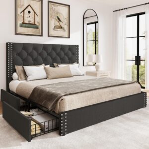 breltam queen size bed frame with storage drawers and headboard linen upholstered platform bed tufted bed frame with wood slats support, noise-free, dark grey