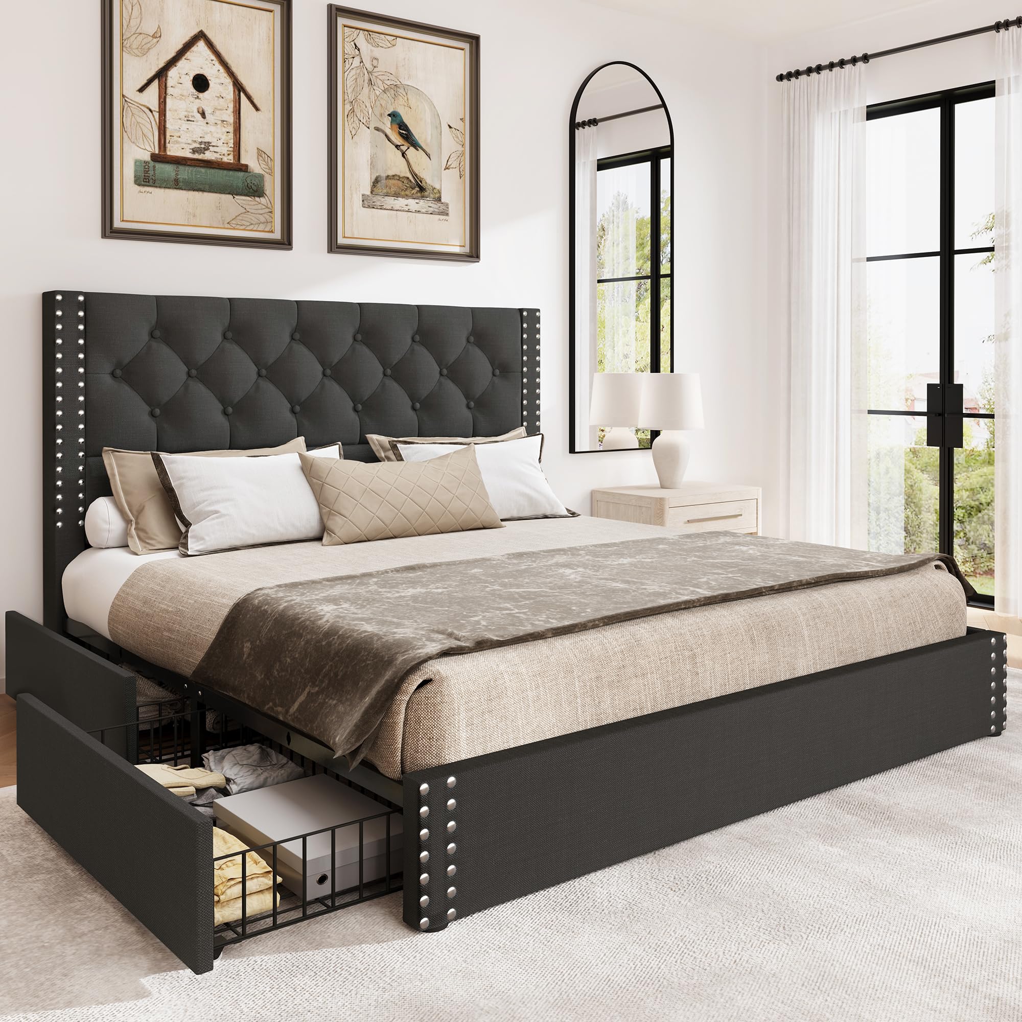 BRELTAM Queen Size Bed Frame with Storage Drawers and Headboard Linen Upholstered Platform Bed Tufted Bed Frame with Wood Slats Support, Noise-Free, Dark Grey