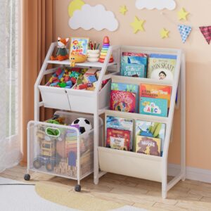 kids bookshelf and toy storage organizer - 3 tier book shelf for kids rooms with movable drawer, kids bookcase with 2 toy bins, toddler baby childrens bookshelf, for bedroom playroom classroom (white)