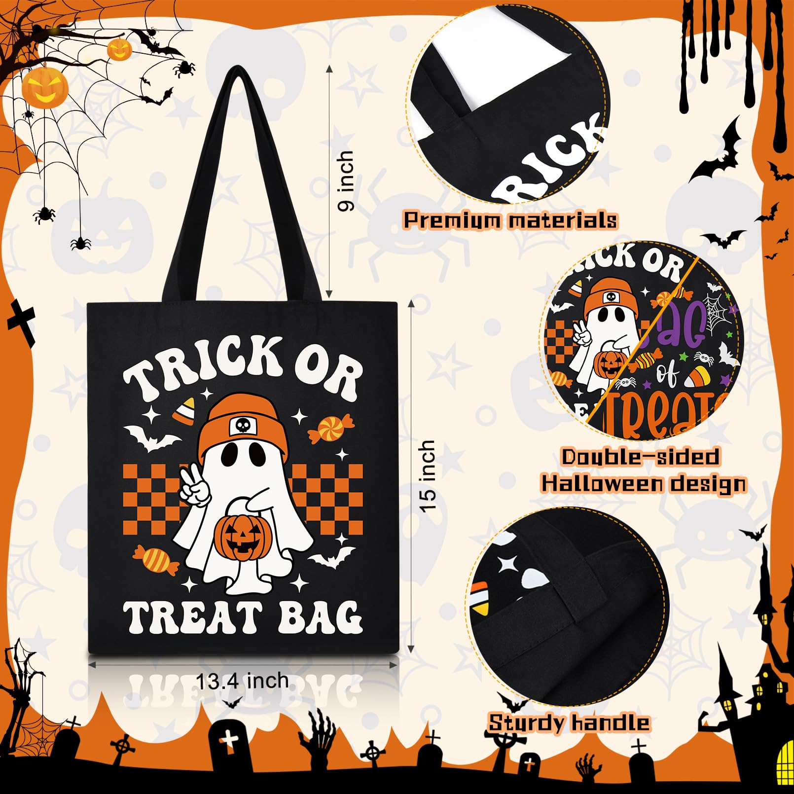 SOIDRAM Halloween Tote Bag Trick or Treat Bags Large Candy Tote Bag for Halloween Bag for kids Halloween Teacher Gifts kid's Snacks Canvas Bag