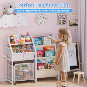 Kids Bookshelf and Toy Storage Organizer - 3 Tier Book Shelf for Kids Rooms with Movable Drawer, Kids Bookcase with 2 Toy Bins, Toddler Baby Childrens Bookshelf, for Bedroom Playroom Classroom (White)