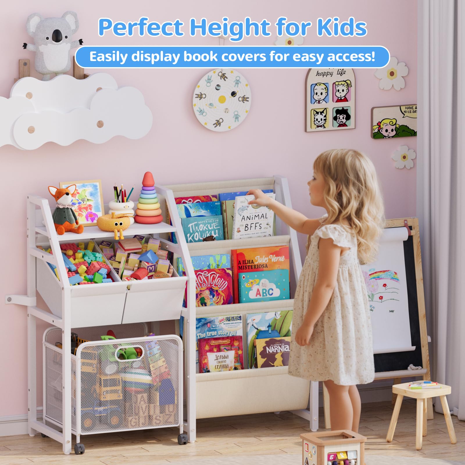 Kids Bookshelf and Toy Storage Organizer - 3 Tier Book Shelf for Kids Rooms with Movable Drawer, Kids Bookcase with 2 Toy Bins, Toddler Baby Childrens Bookshelf, for Bedroom Playroom Classroom (White)