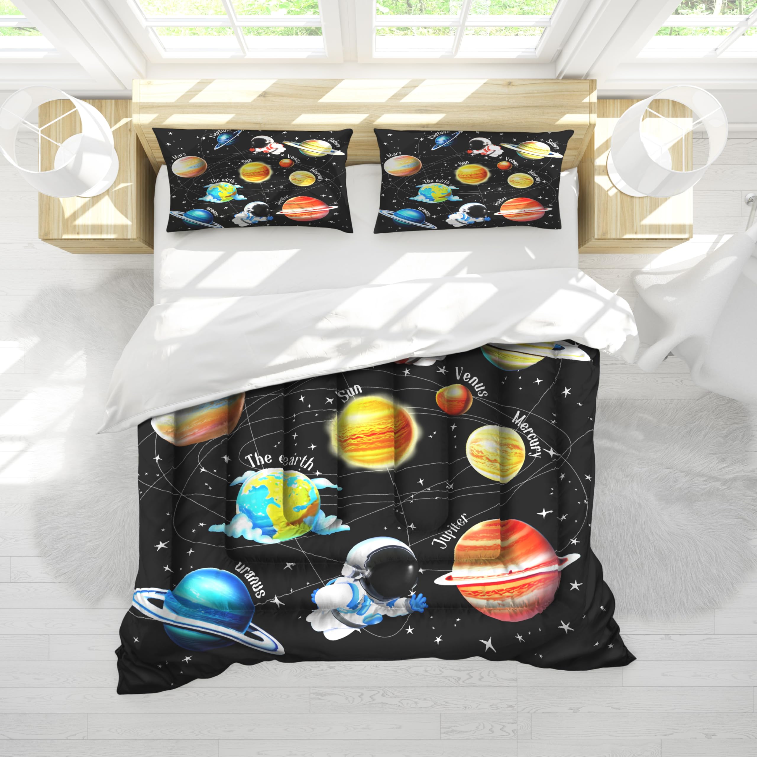 Uyivugmo Kids Galaxy Comforter Bedding Sets for Child Outer Space Astronaut Bedding Set for Boys Includes Comforter with 2 Pillowcase