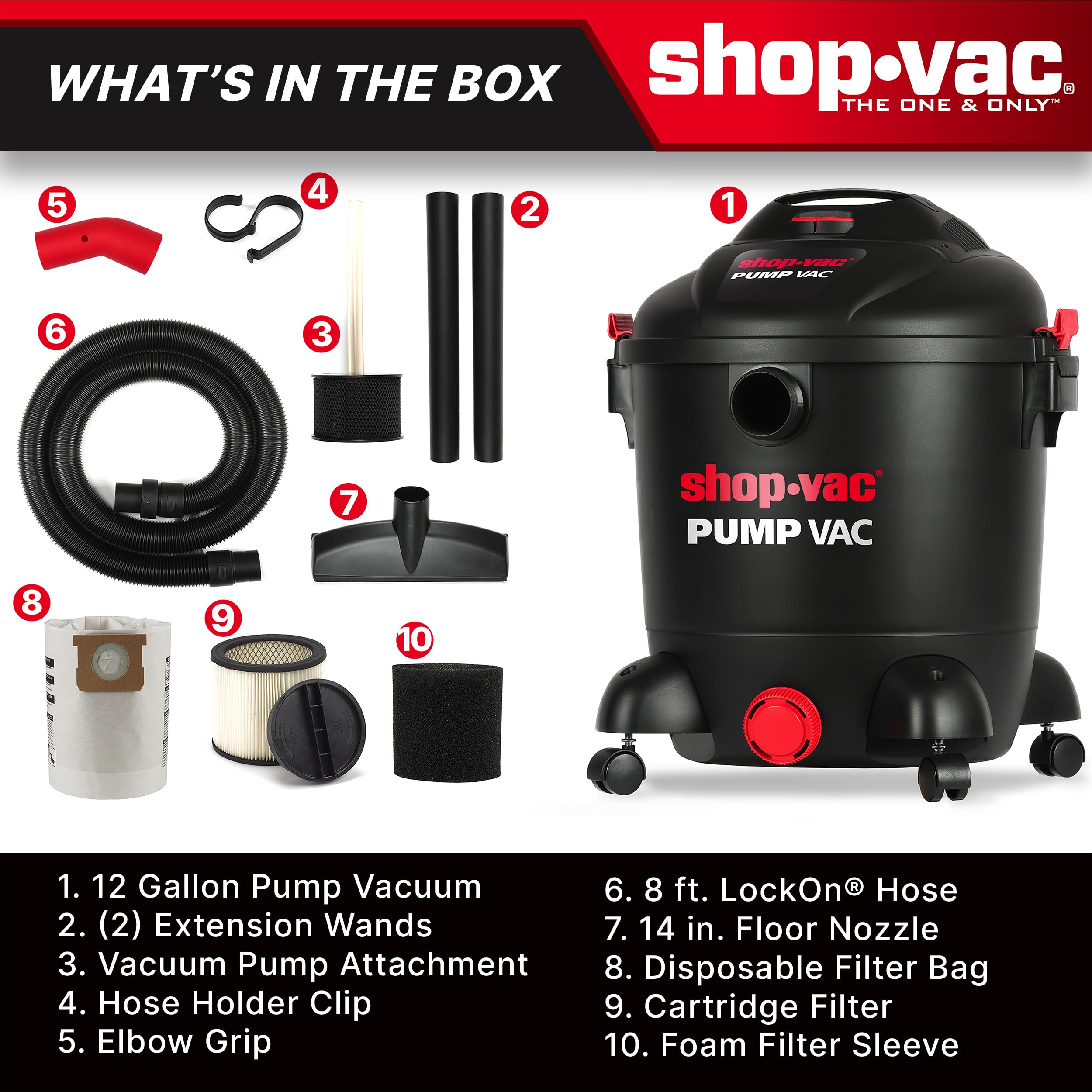 Shop-Vac 5871205 12 Gallon Wet Dry Pump Vacuum with Built-in Water Pump, 5.0 Peak HP, 2.5 Inch Diameter x 8 Ft Hose, 12 Ft Cord, Black