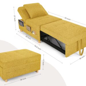 SEJOV Sleeper Sofa Chair Bed,4-in-1 Convertible Sofa Bed Chair with 6 Adjustable Backrest and Pillow, 3-Seat Pull Out Sleeper Chair Linen No Backrest for Bedroom Small Space Living Room, Yellow