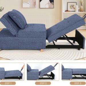 SEJOV Sleeper Sofa Chair Bed,4-in-1 Convertible Sofa Bed Chair with 6 Adjustable Backrest and Pillow, 3-Seat Pull Out Sleeper Chair Linen No Backrest for Bedroom Small Space Living Room, Navy Blue