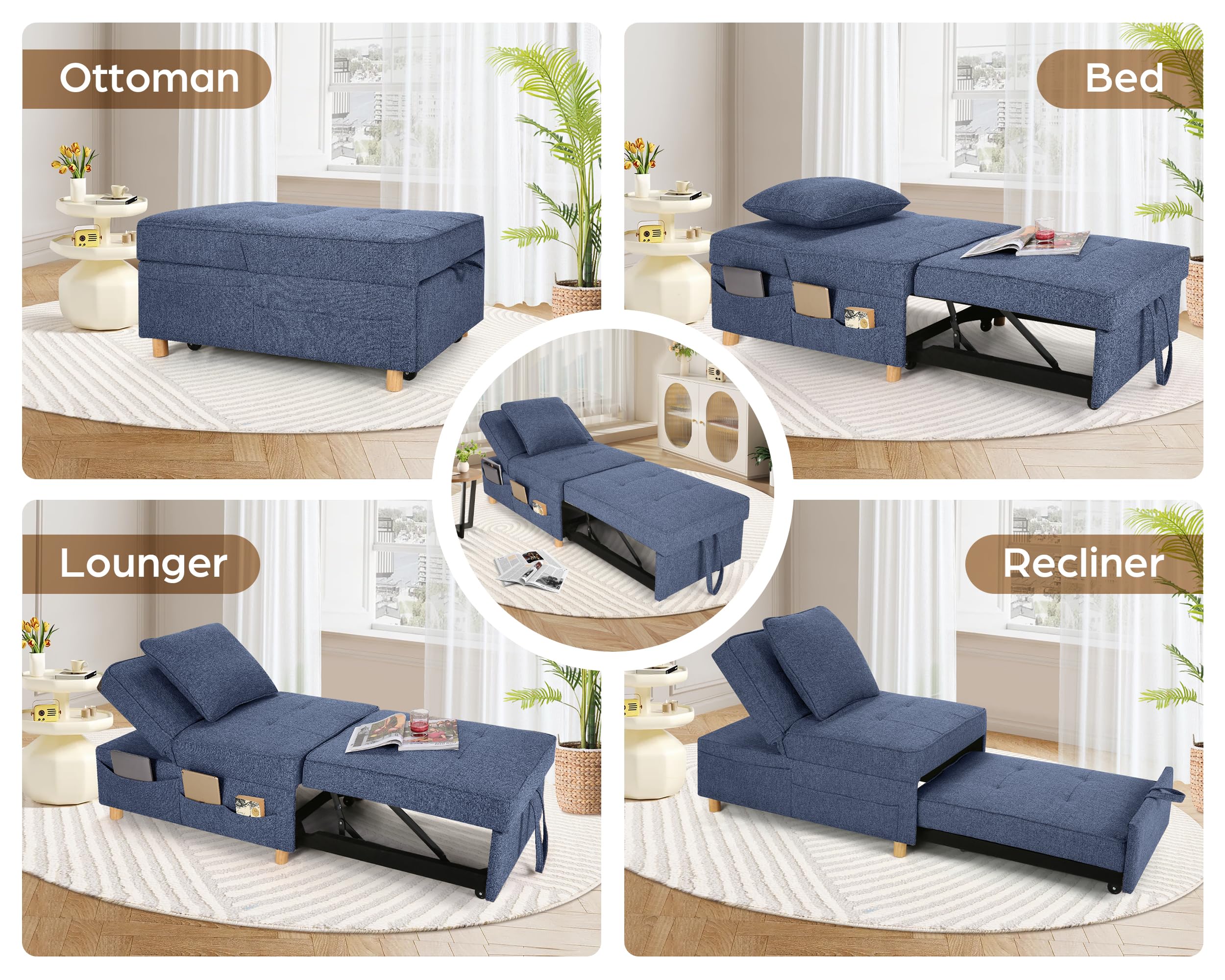 SEJOV Sleeper Sofa Chair Bed,4-in-1 Convertible Sofa Bed Chair with 6 Adjustable Backrest and Pillow, 3-Seat Pull Out Sleeper Chair Linen No Backrest for Bedroom Small Space Living Room, Navy Blue