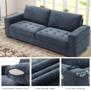 WorthFurni 89 Inch Sofa Couch, Modern 3 Seater Couch with Removable Covers and USB Ports, Large Chenille Comfy Sofa for Living Room, Oversized Loveseat Sofa for Apartment(Blue)