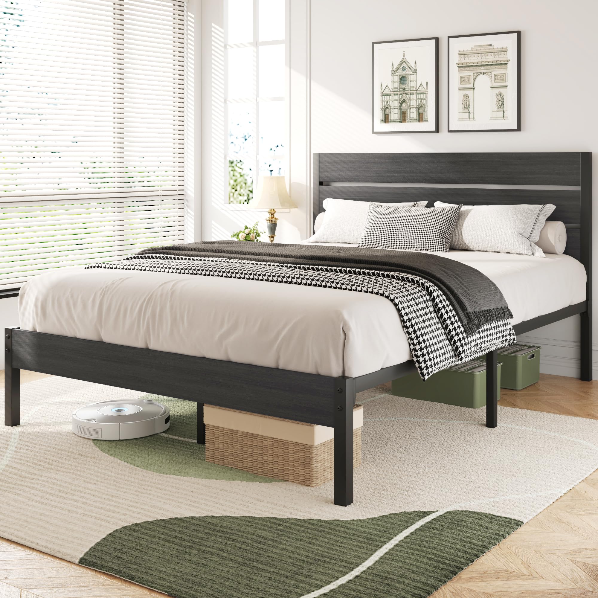 Lifezone Queen Bed Frame with Headboard and Footboard, Metal Queen Bed Frame with Under-Bed Storage, All-Metal Support System, No Box Spring Needed, Easily Assemble, Rustic Grey