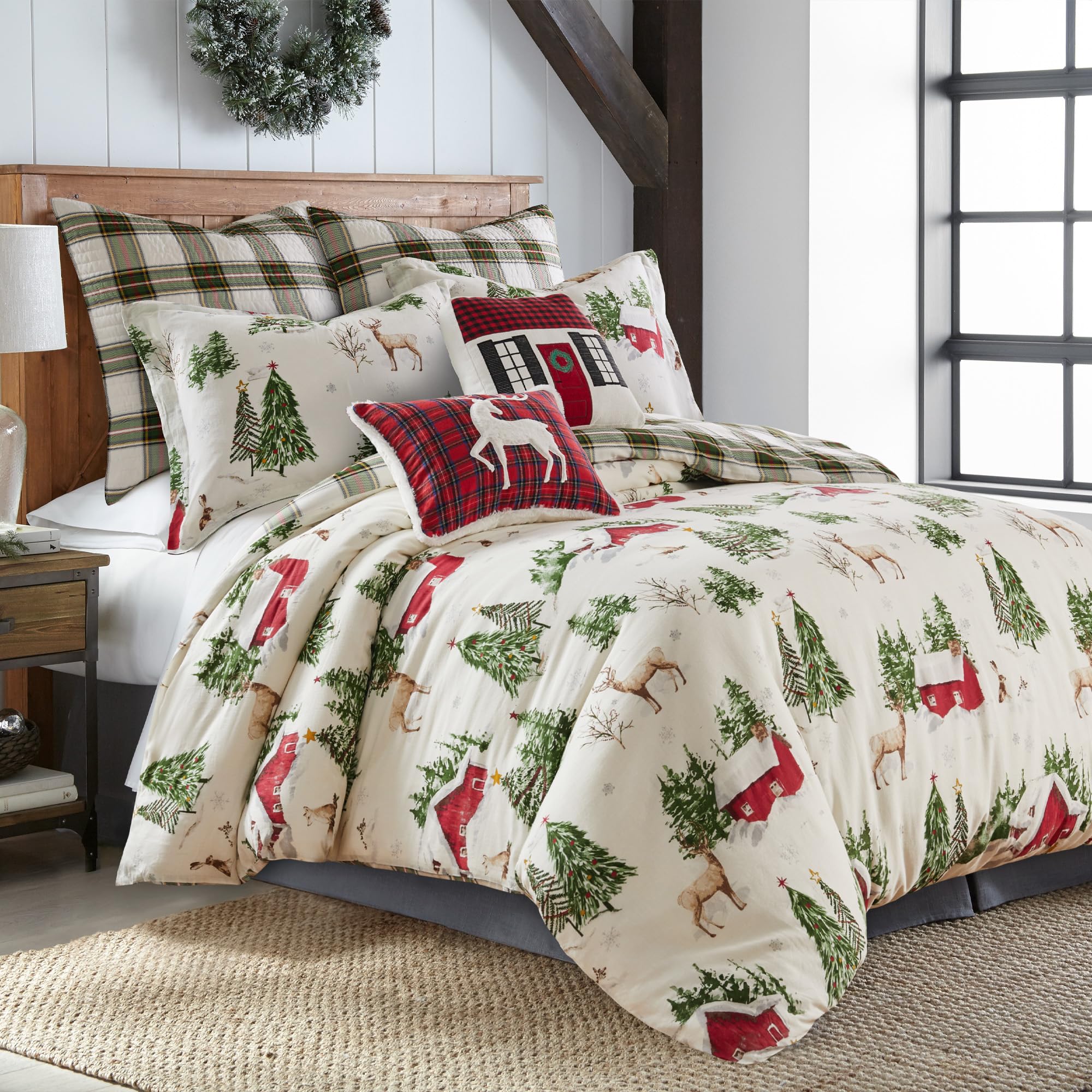 Levtex Home - Tatum Pines Duvet Cover Set - King Duvet Cover + Two King Pillow Cases - Christmas Cabin - Red, Green, Brown, White - Duvet Cover (106 x 94in.) and Pillow Case (36 x 20in.) - Cotton