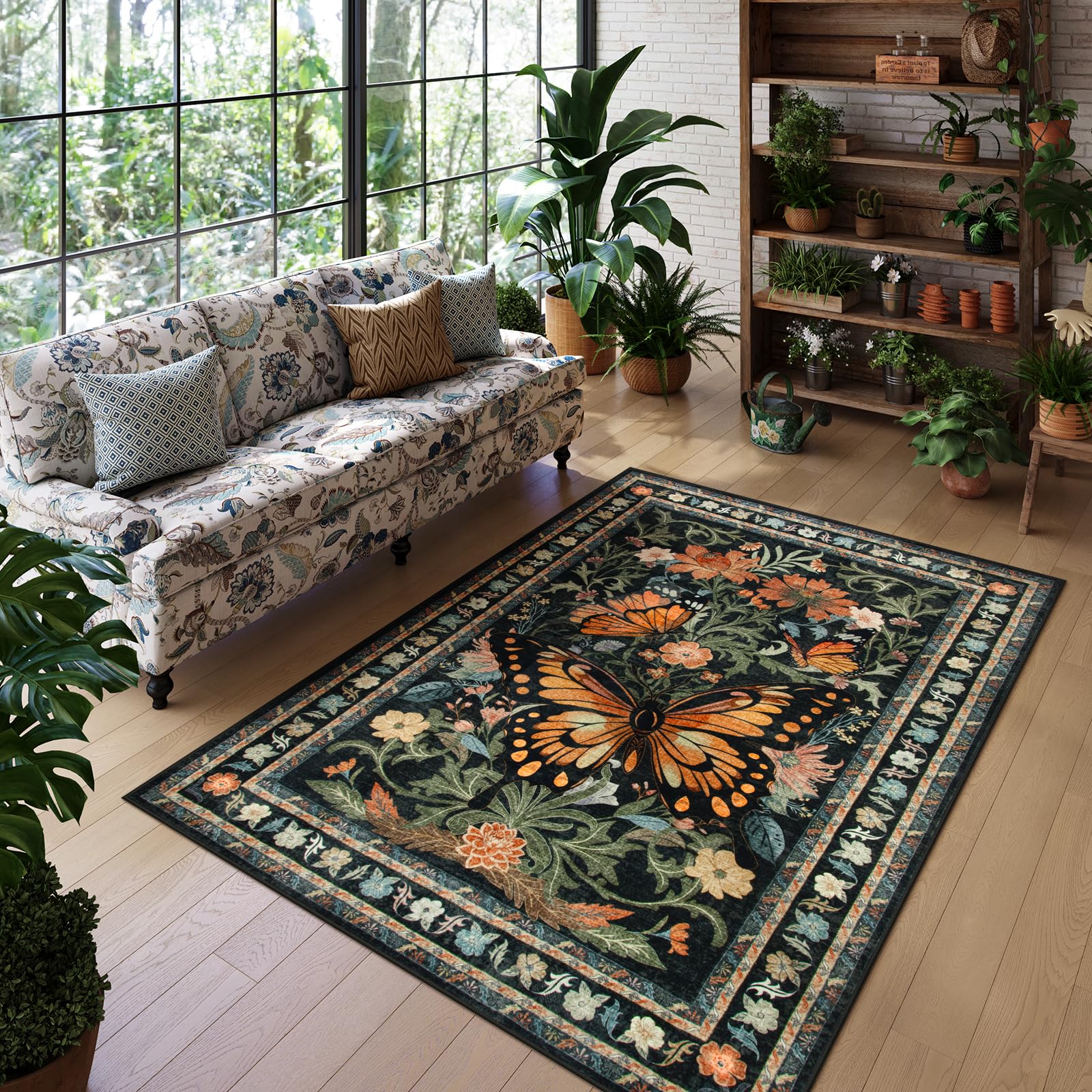 Wonnitar Butterfly Area Rug for Bedroom, 5x7 Black Rug for Living Room Washable Floral Rug, Boho Dining Room Rugs for Under Table Stain Resistant Floor Carpet for Entryway Playroom