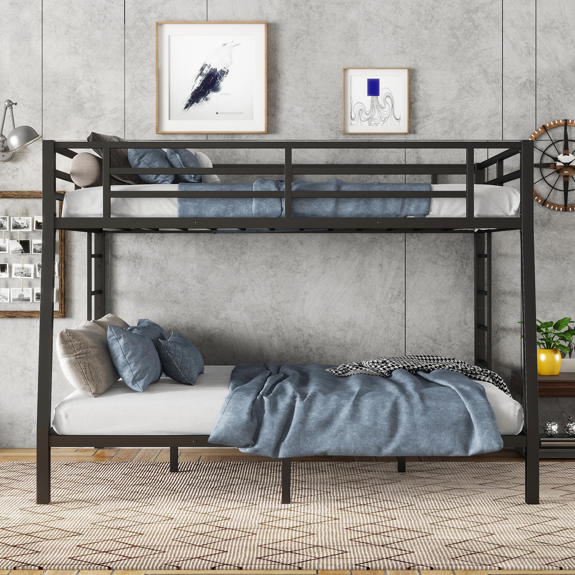 Full XL Over Queen Bunk Beds with Ladder and Full Length Guardrail, Heavy Duty Bunk Beds/Full XL Over Queen Bunk Bed for Adults, Teens, Full XL Over Queen Bunk Bed Black