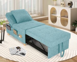 sejov sleeper sofa chair bed,4-in-1 convertible sofa bed chair with 6 adjustable backrest and pillow, 3-seat pull out sleeper chair linen no backrest for bedroom small space living room, sky blue