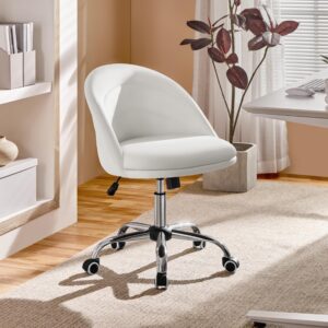 Yaheetech Velvet Cute Desk Chair Armless Office Chair Swivel Vanity Chair with Wheels Adjustable Comfy Desk Chair Soft Rocking Chair for Home Office, Living Room White