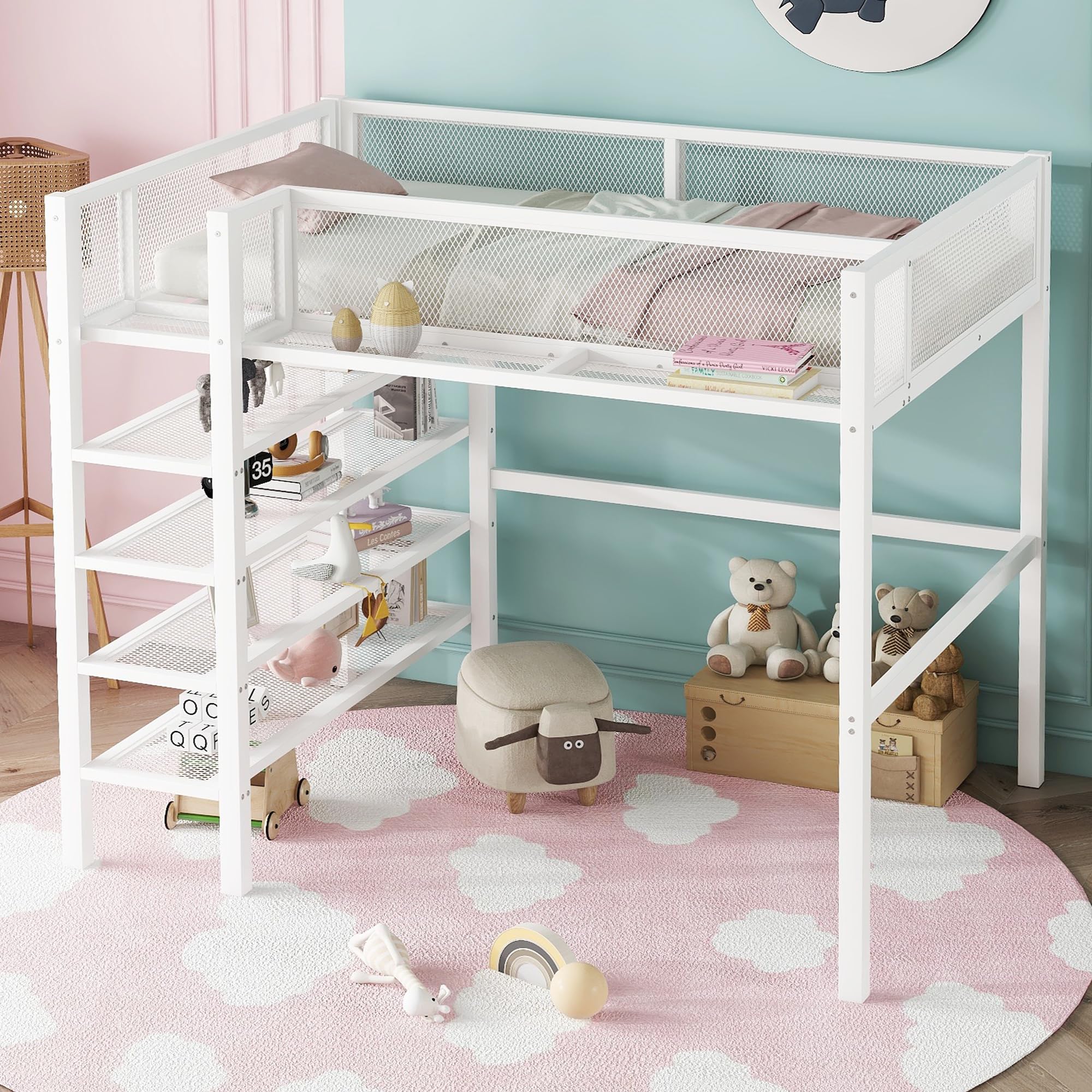 Bellemave Full Size Loft Bed with 4-Tier Shelves and Storage, Metal Loft Bed with Bookshelf, Full Size Loft Bed with Storage Stairs(White)