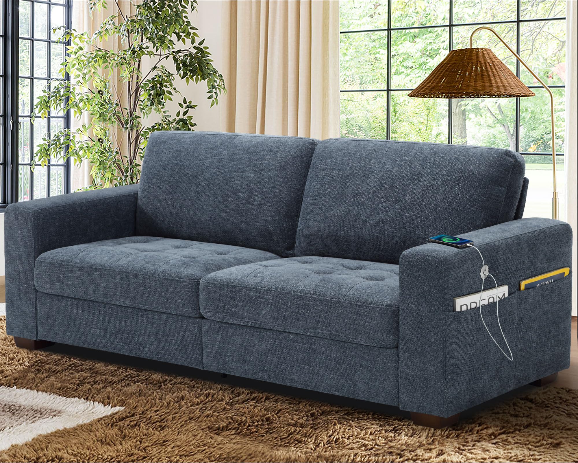 WorthFurni 89 Inch Sofa Couch, Modern 3 Seater Couch with Removable Covers and USB Ports, Large Chenille Comfy Sofa for Living Room, Oversized Loveseat Sofa for Apartment(Blue)