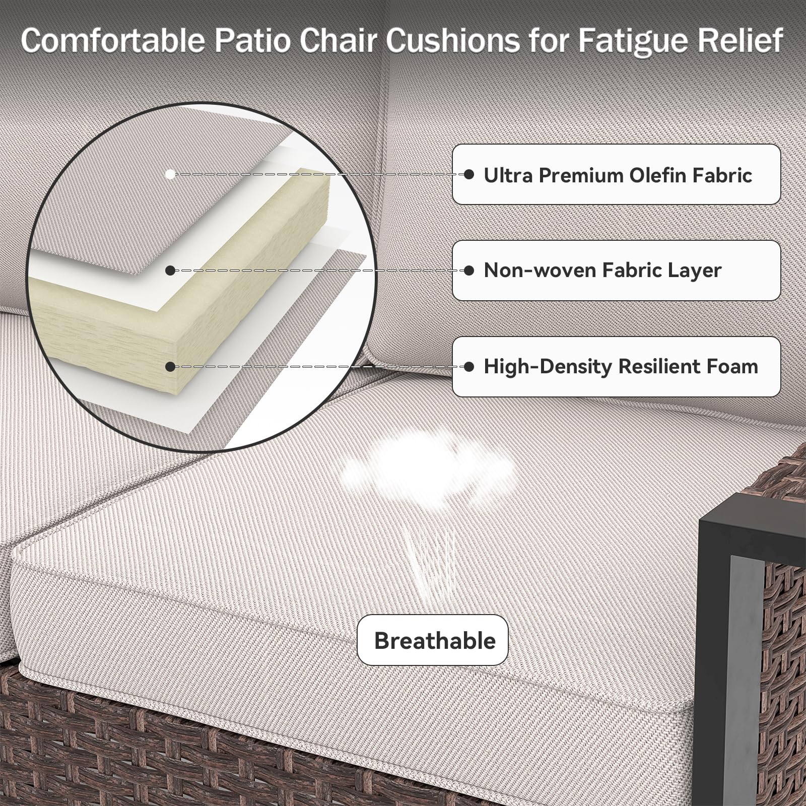 Outdoor Chair Cushions, 24" x 23" High-Density Foam Deep Seat Patio Cushions with Olefin Fabric & Removable Zipper Cover, Outdoor Furniture Replacement Cushions Set of 2 for Chair Sofa Couch - Beige