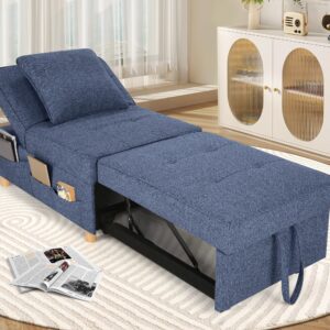 SEJOV Sleeper Sofa Chair Bed,4-in-1 Convertible Sofa Bed Chair with 6 Adjustable Backrest and Pillow, 3-Seat Pull Out Sleeper Chair Linen No Backrest for Bedroom Small Space Living Room, Navy Blue