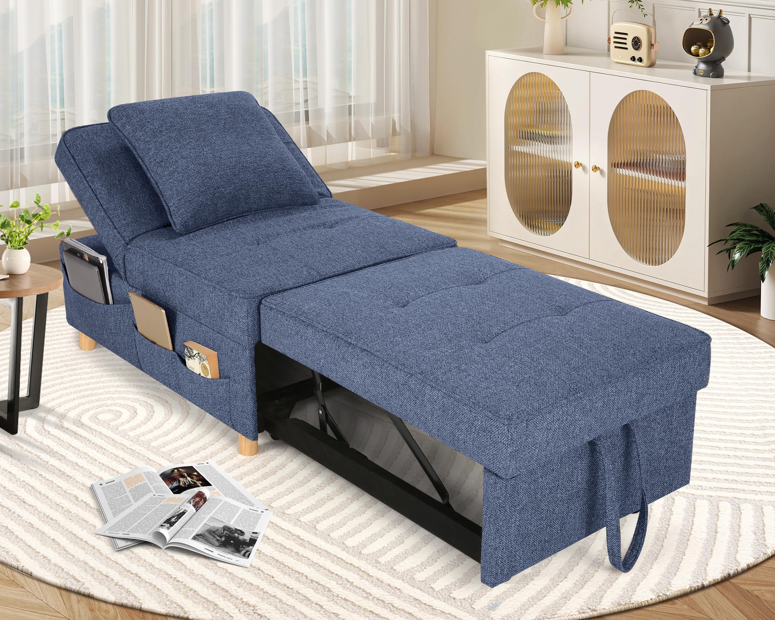 SEJOV Sleeper Sofa Chair Bed,4-in-1 Convertible Sofa Bed Chair with 6 Adjustable Backrest and Pillow, 3-Seat Pull Out Sleeper Chair Linen No Backrest for Bedroom Small Space Living Room, Navy Blue