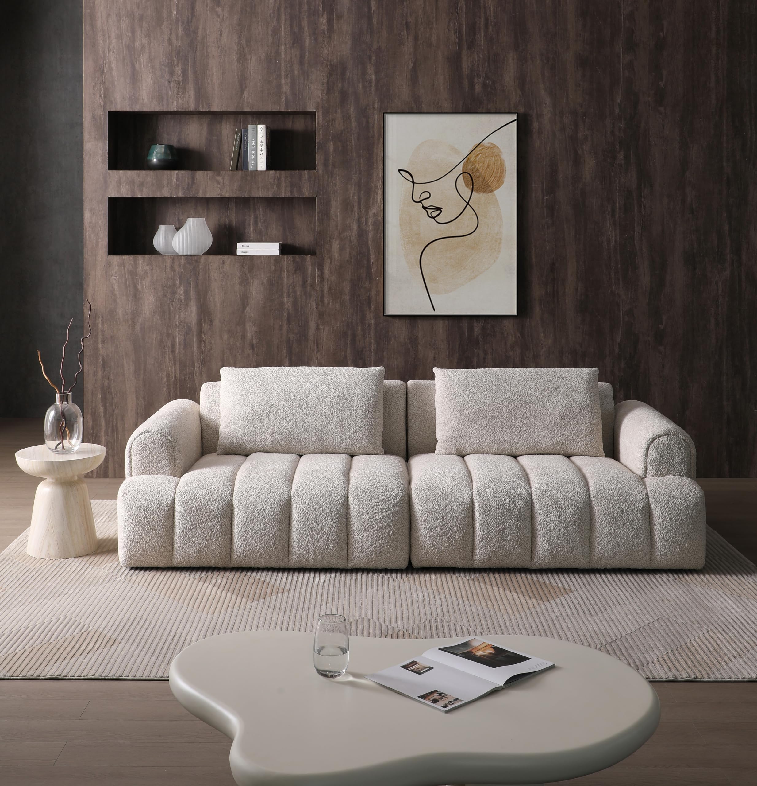 mr.waiba 100" Modular Combination Sofa Modern Minimalist Sofa Sectional Sofa Teddy Velvet Material with 2 Pillows, Large Sofa for Living Room/Office 2024 New Cloud Sofa(Teddy + Beige)