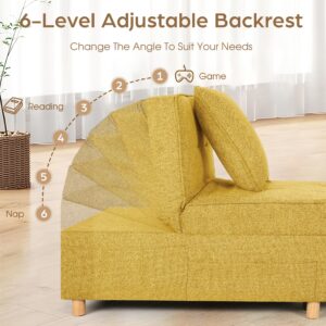 SEJOV Sleeper Sofa Chair Bed,4-in-1 Convertible Sofa Bed Chair with 6 Adjustable Backrest and Pillow, 3-Seat Pull Out Sleeper Chair Linen No Backrest for Bedroom Small Space Living Room, Yellow