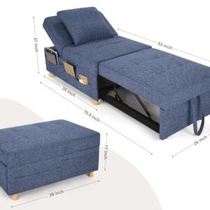 SEJOV Sleeper Sofa Chair Bed,4-in-1 Convertible Sofa Bed Chair with 6 Adjustable Backrest and Pillow, 3-Seat Pull Out Sleeper Chair Linen No Backrest for Bedroom Small Space Living Room, Navy Blue