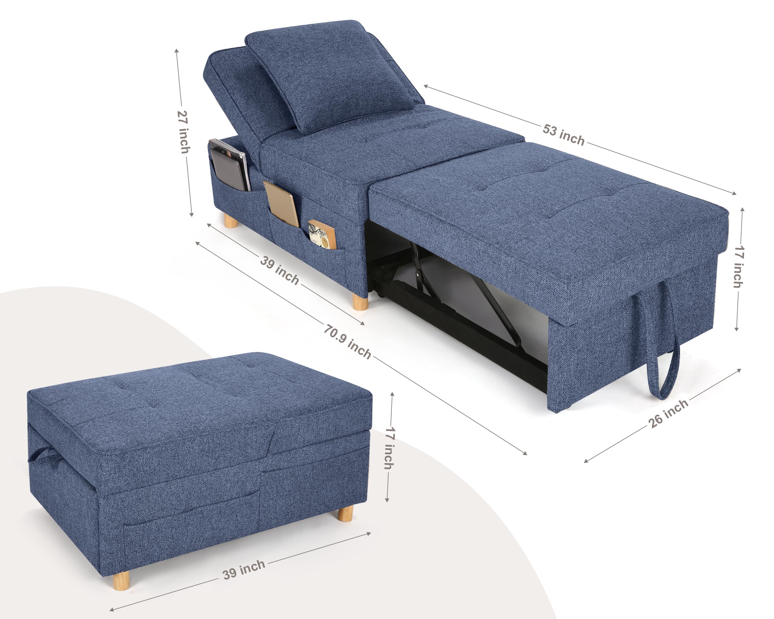 SEJOV Sleeper Sofa Chair Bed,4-in-1 Convertible Sofa Bed Chair with 6 Adjustable Backrest and Pillow, 3-Seat Pull Out Sleeper Chair Linen No Backrest for Bedroom Small Space Living Room, Navy Blue