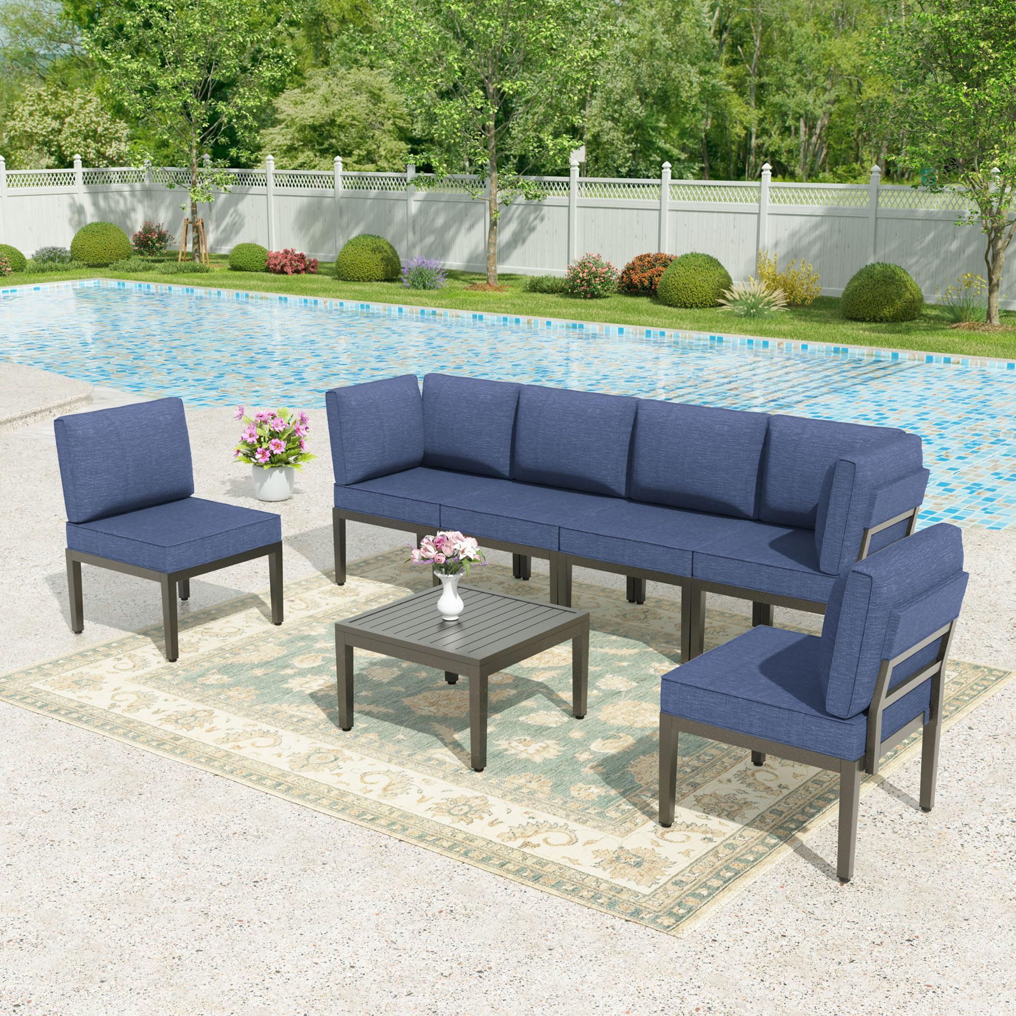 Trumbeak Patio Furniture Set,7 Pieces Metal Modern Outdoor Furniture,Outdoor Sectional Sofa w/5.1" Cushions and Coffee Table for Patio,Backyard,NavyBlue