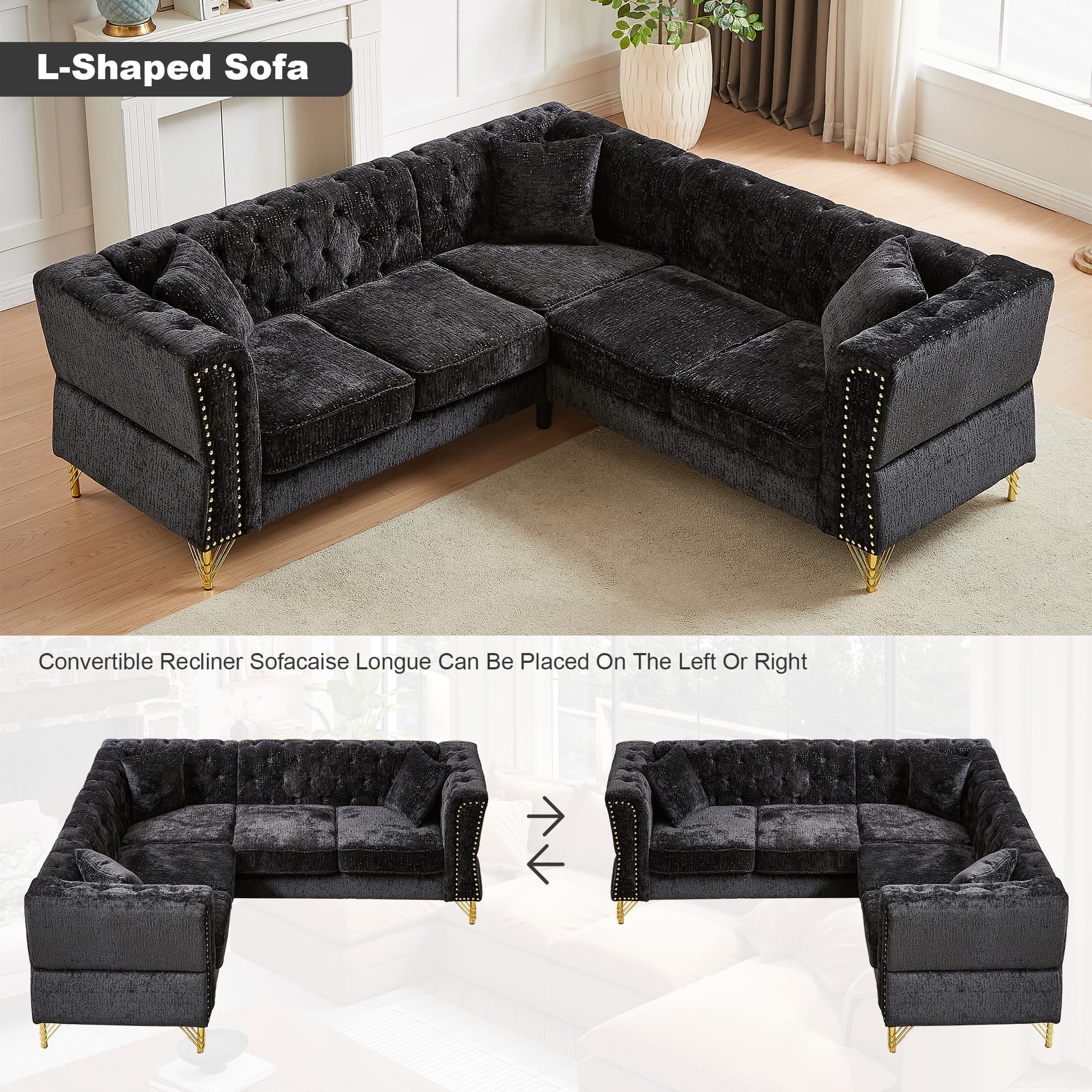 82" Oversize Chenille L-Shaped Corner Sofa,5-Seater Nailhead Trim Sectional Chesterfield Couch with 3 Cushions for Living Room, Bedroom (Black)