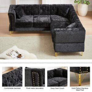 82" Oversize Chenille L-Shaped Corner Sofa,5-Seater Nailhead Trim Sectional Chesterfield Couch with 3 Cushions for Living Room, Bedroom (Black)