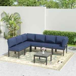 Trumbeak Patio Furniture Set,7 Pieces Metal Modern Outdoor Furniture,Outdoor Sectional Sofa w/5.1" Cushions and Coffee Table for Patio,Backyard,NavyBlue