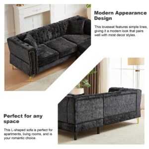 82" Oversize Chenille L-Shaped Corner Sofa,5-Seater Nailhead Trim Sectional Chesterfield Couch with 3 Cushions for Living Room, Bedroom (Black)