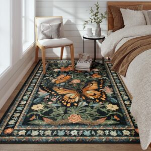 Wonnitar Butterfly Area Rug for Bedroom, 5x7 Black Rug for Living Room Washable Floral Rug, Boho Dining Room Rugs for Under Table Stain Resistant Floor Carpet for Entryway Playroom