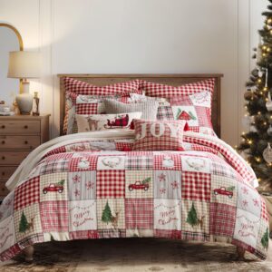 levtex home - home for christmas duvet cover set - full/queen duvet cover (90 x 94in.)+ two standard pillow cases (20 x 26in.) - patchwork - green, red, taupe and cream - cotton