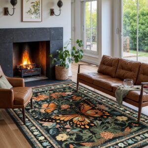 Wonnitar Butterfly Area Rug for Bedroom, 5x7 Black Rug for Living Room Washable Floral Rug, Boho Dining Room Rugs for Under Table Stain Resistant Floor Carpet for Entryway Playroom