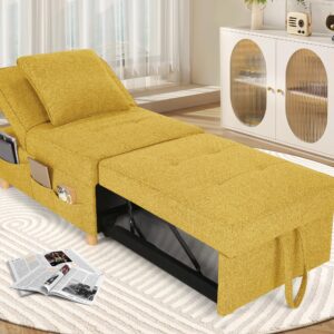 SEJOV Sleeper Sofa Chair Bed,4-in-1 Convertible Sofa Bed Chair with 6 Adjustable Backrest and Pillow, 3-Seat Pull Out Sleeper Chair Linen No Backrest for Bedroom Small Space Living Room, Yellow