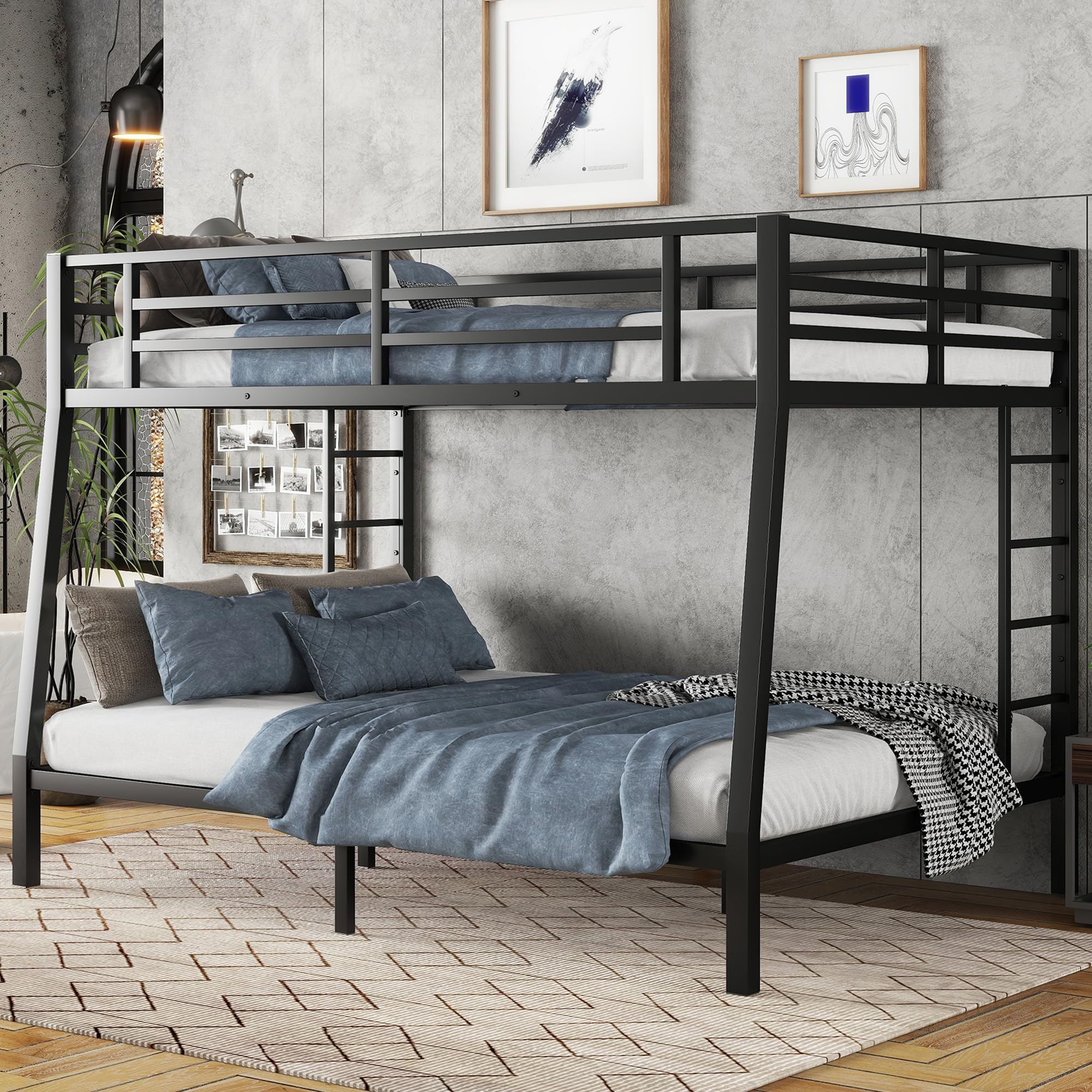 Full XL Over Queen Bunk Beds with Ladder and Full Length Guardrail, Heavy Duty Bunk Beds/Full XL Over Queen Bunk Bed for Adults, Teens, Full XL Over Queen Bunk Bed Black